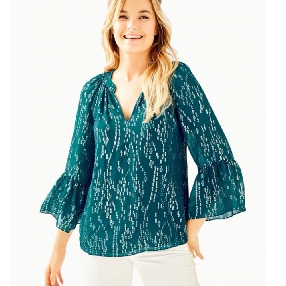 Lilly Pulitzer Silk Blouse Matilda Top Small Bell Sleeve Deep Teal Blue Gold